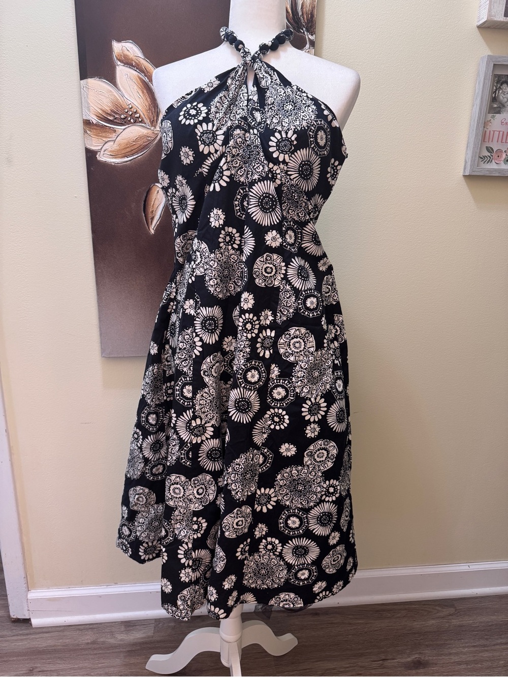 Backless Black & White Floral Halter Dress